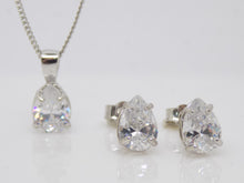 Load image into Gallery viewer, 9ct White Gold Claw Set Pear Shape CZ Pendant &amp; Earrings Set SKU 0701008
