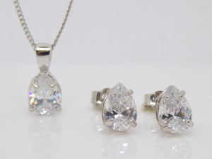 9ct White Gold Claw Set Pear Shape CZ Pendant & Earrings Set SKU 0701008