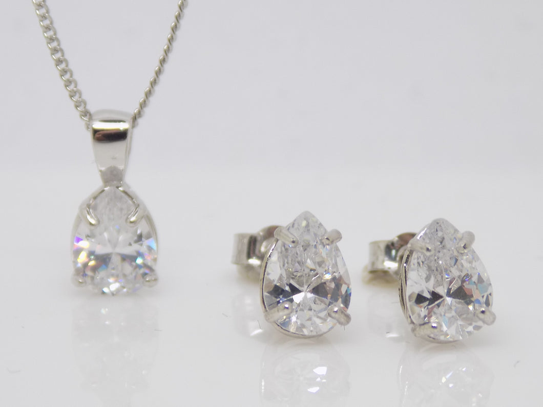 9ct White Gold Claw Set Pear Shape CZ Pendant & Earrings Set SKU 0701008