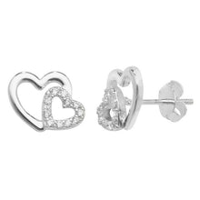 Load image into Gallery viewer, Sterling Silver Plain &amp; CZ Double Heart Pendant &amp; Earrings Set SKU 0501214
