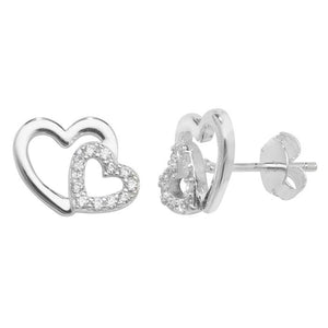 Sterling Silver Plain & CZ Double Heart Pendant & Earrings Set SKU 0501214