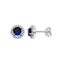 Load image into Gallery viewer, Sterling Silver Round Blue CZ &amp; Halo CZ Pendant &amp; Earrings Set SKU 0501055
