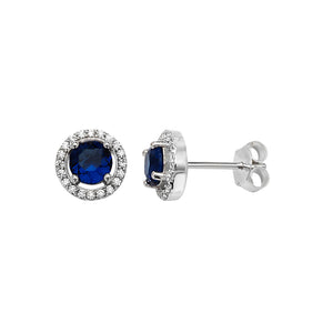 Sterling Silver Round Blue CZ & Halo CZ Pendant & Earrings Set SKU 0501055