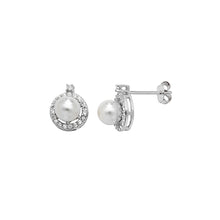Load image into Gallery viewer, Sterling Silver Halo CZ &amp; Synthetic Pearl Pendant &amp; Earrings Set SKU 0501066
