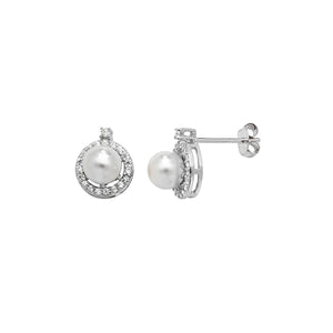 Sterling Silver Halo CZ & Synthetic Pearl Pendant & Earrings Set SKU 0501066
